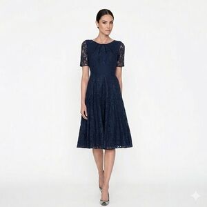 L.K Bennett Navy Blue Lace Fit and Flare Classic Midi Cocktail Dress Size 4
